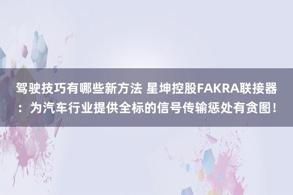 驾驶技巧有哪些新方法 星坤控股FAKRA联接器：为汽车行业提供全标的信号传输惩处有贪图！